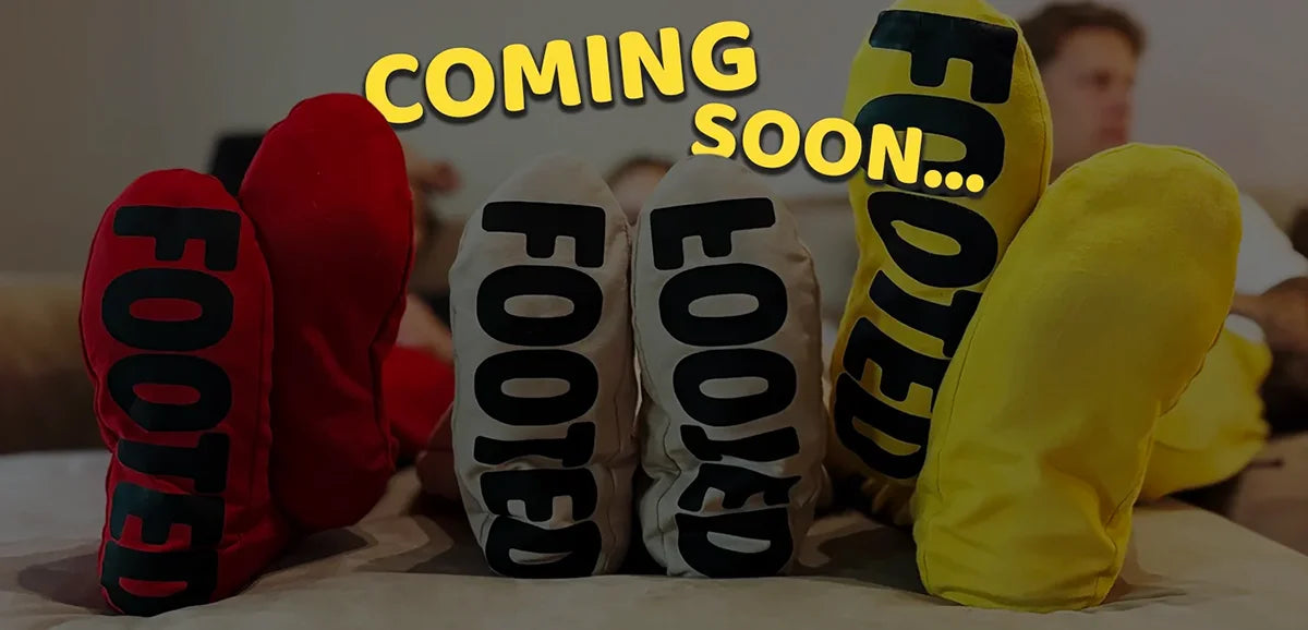 FOOTED pants in red, beige and yellow — cozy footed loungewear with ‘Coming Soon’ text.